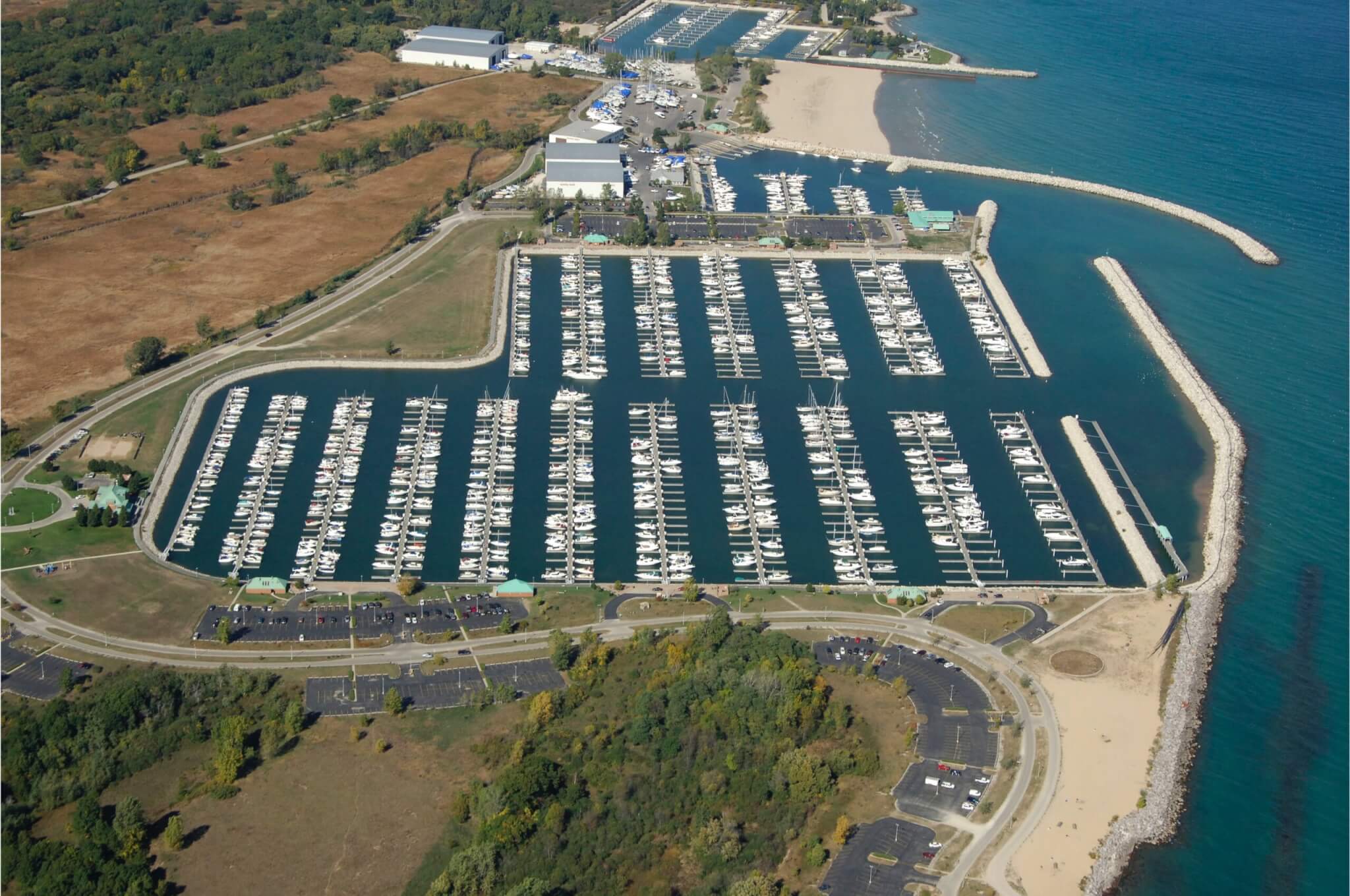 Aerial view of boat slips and North Point Marina
