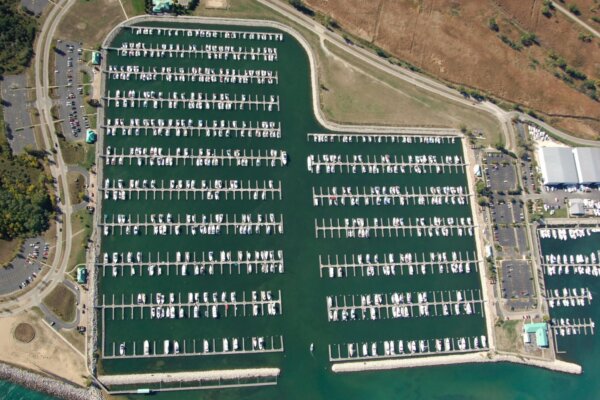 Aerial view of boat storage and slips at North Point Marina